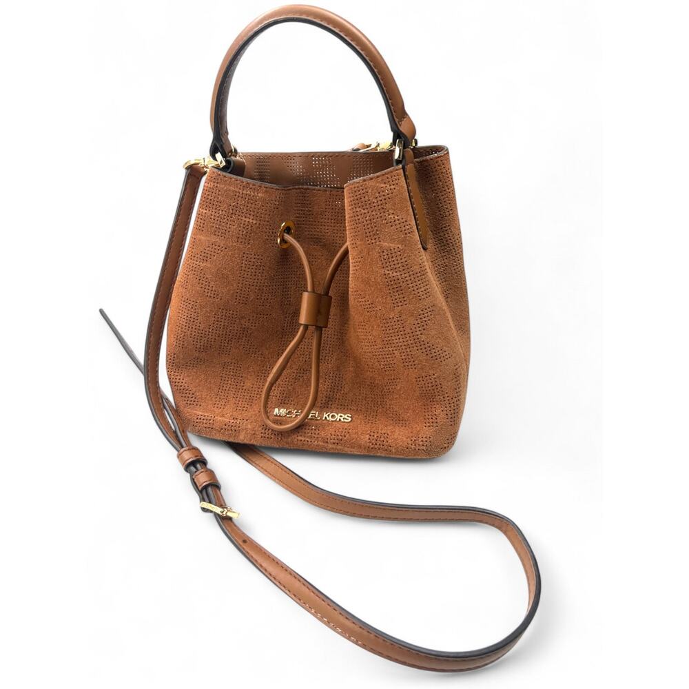 Michael Kors Suri Suede Crossbody Bag Drawstring Bucket Mini Purse Brown MK - Picture 2 of 6